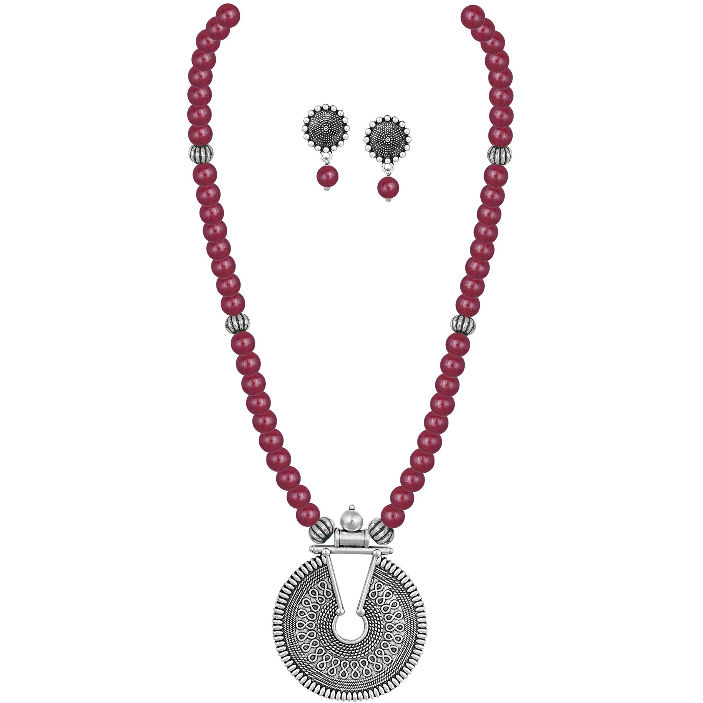 JFL - Jewellery for Less Fashionable Oxidized German Silver Key Hole Beaded Necklace with 1 pair of Earrings Set for Women and Girls (Maroon),Valentine