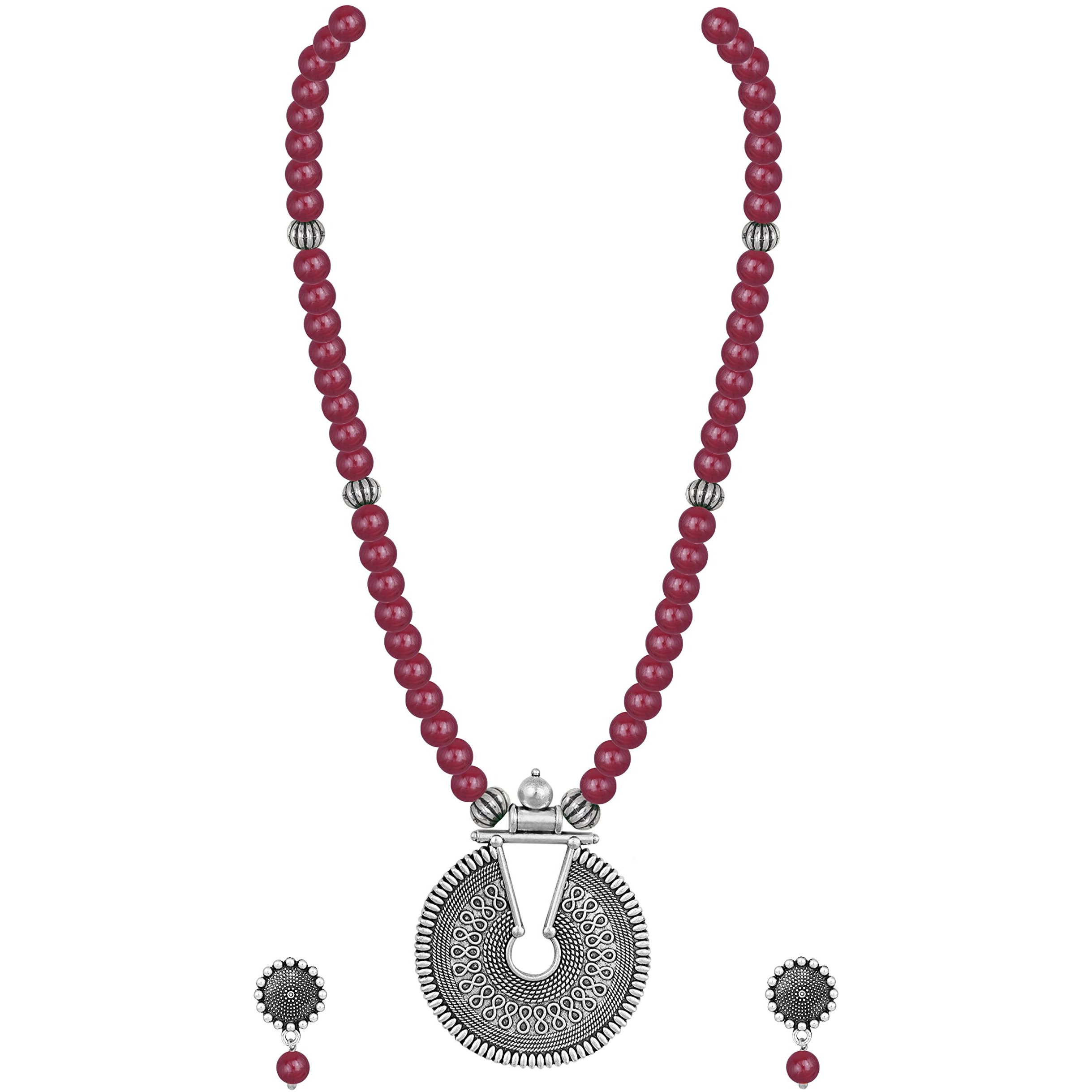 JFL - Jewellery for Less Fashionable Oxidized German Silver Key Hole Beaded Necklace with 1 pair of Earrings Set for Women and Girls (Maroon),Valentine