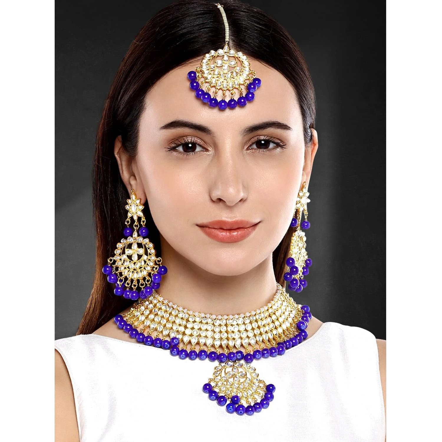 Peora Gold-plated Brass and Kundan, Pearl Necklace Earring Set With Maang Tikka for Women & Girls (Blue_170 gm)