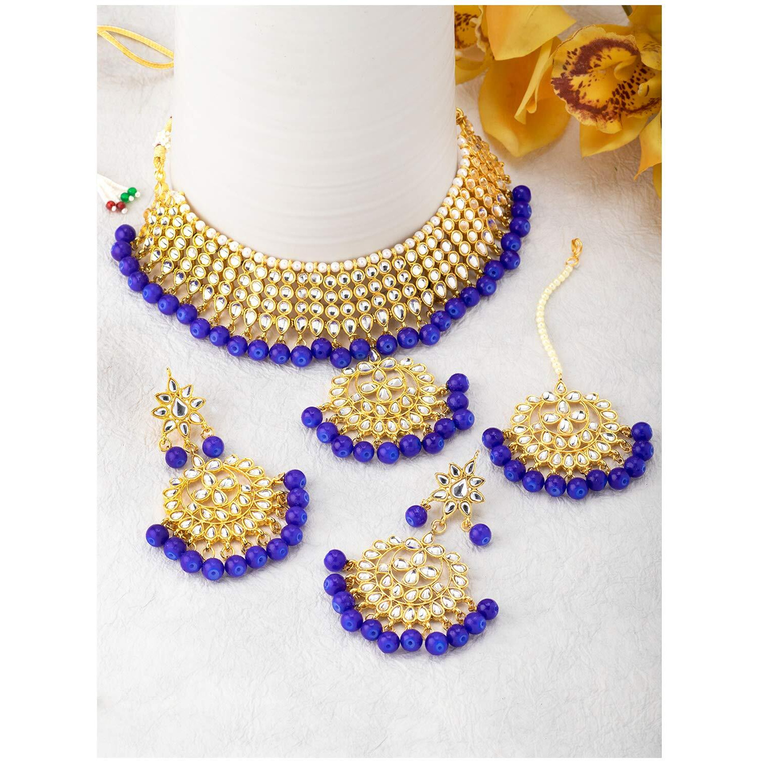 Peora Gold-plated Brass and Kundan, Pearl Necklace Earring Set With Maang Tikka for Women & Girls (Blue_170 gm)