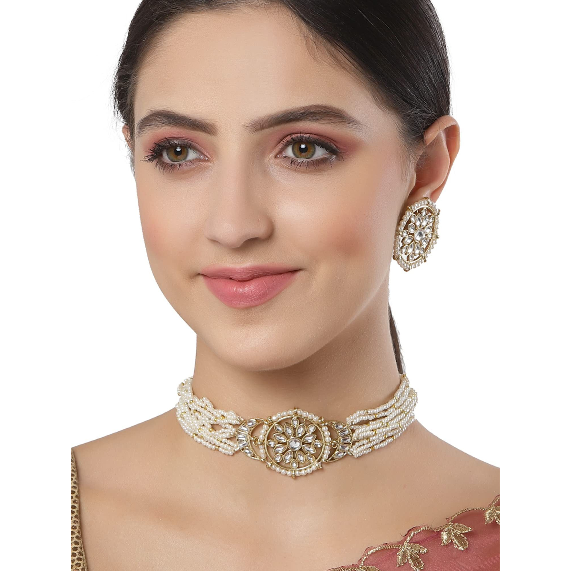 Karatcart Gold Plated Floral Kundan White Pearl Choker Necklace Set for Women