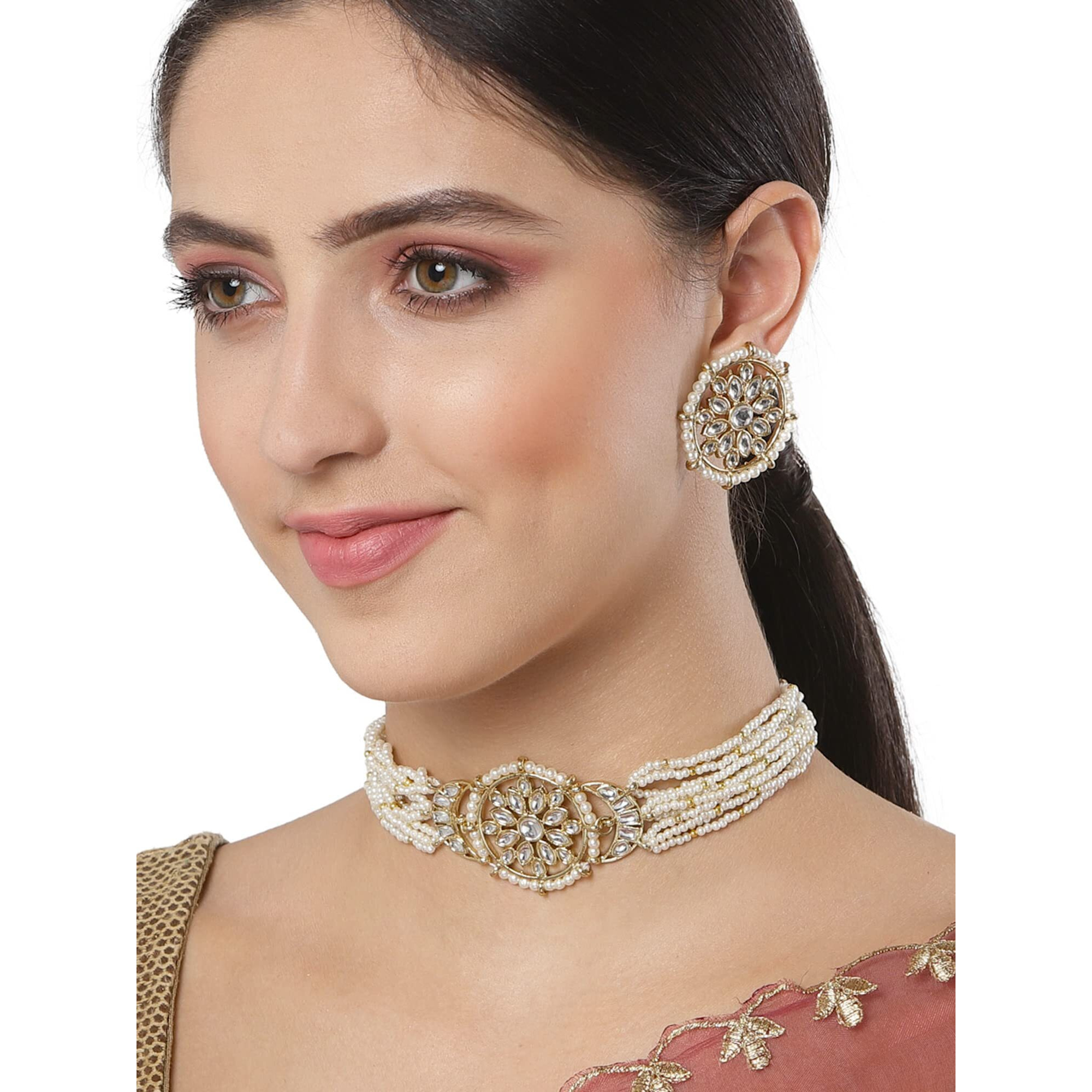 Karatcart Gold Plated Floral Kundan White Pearl Choker Necklace Set for Women