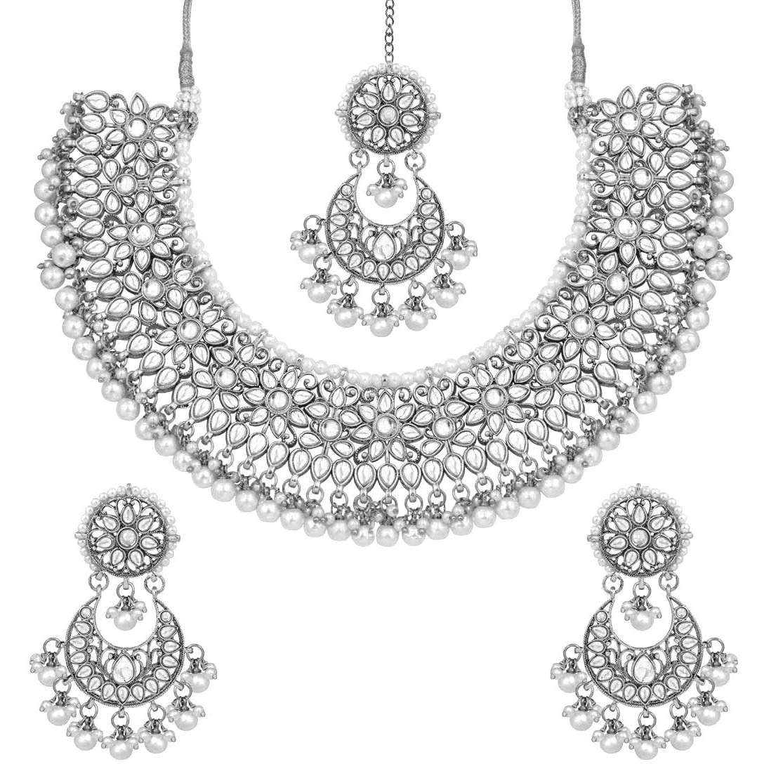 Peora Gold Plated Kundan Choker Necklace Earrings with Maang Tikka Jewellery Set for Women