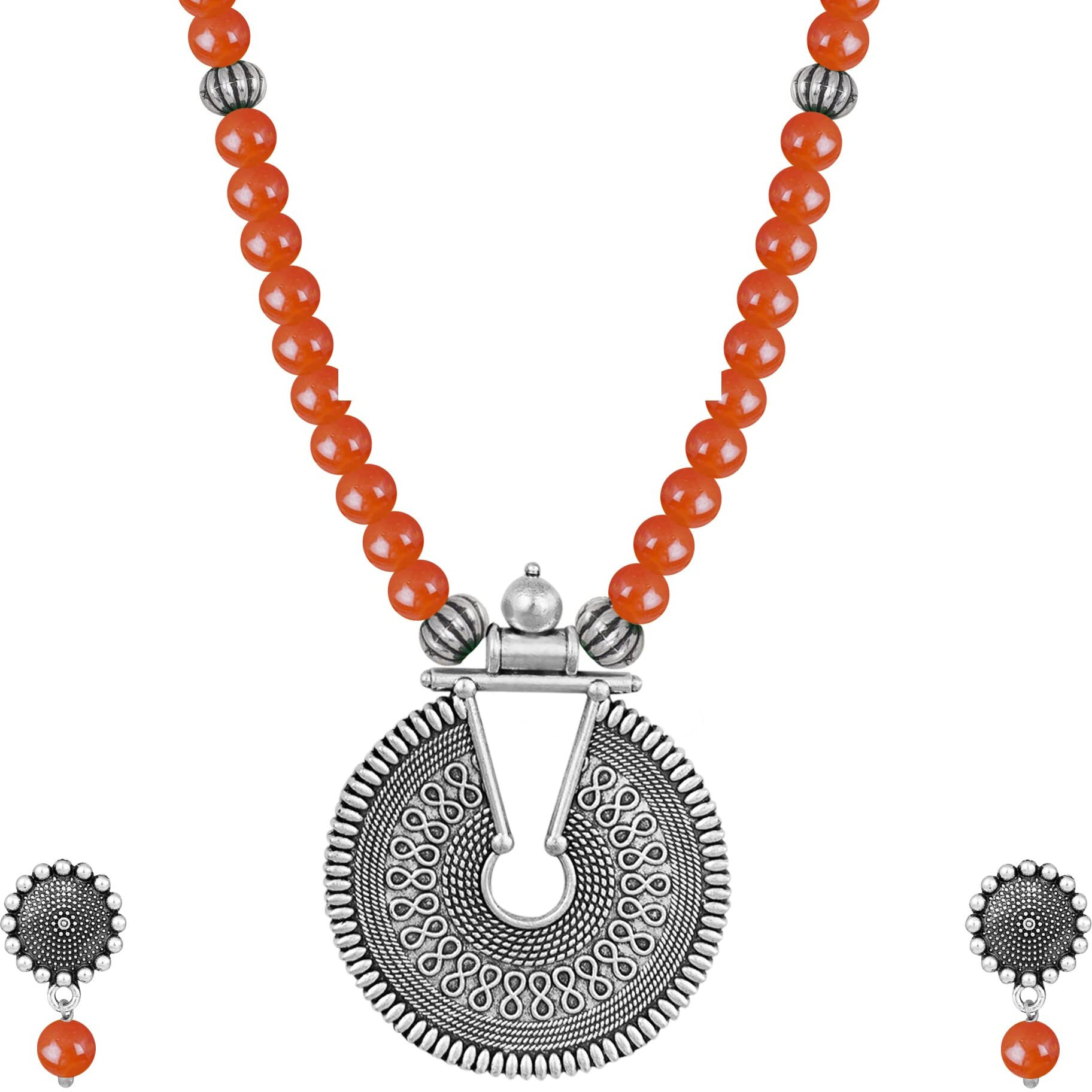 JFL - Jewellery for Less Fashionable Oxidized German Silver Key Hole Beaded Necklace with 1 pair of Earrings Set for Women and Girls(Orange),Valentine