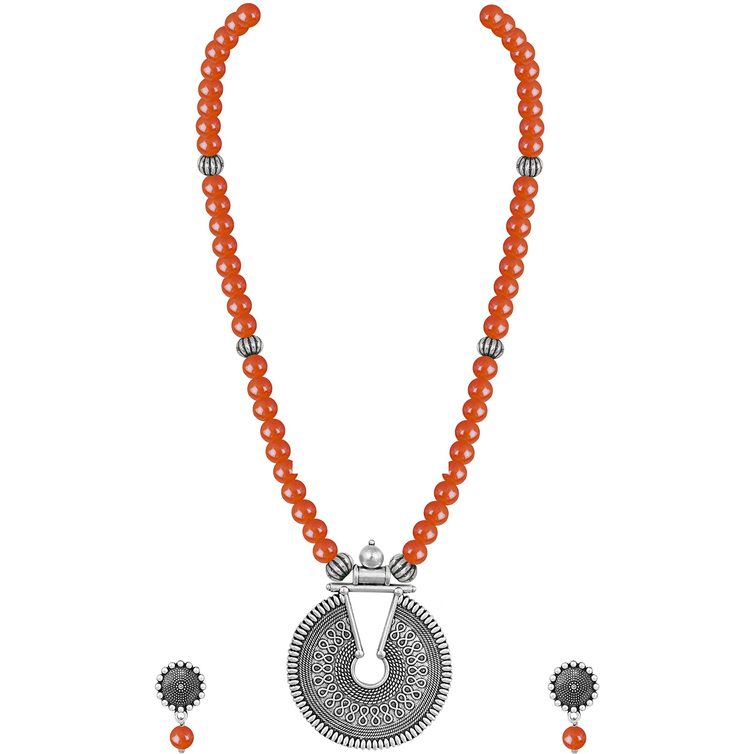 JFL - Jewellery for Less Fashionable Oxidized German Silver Key Hole Beaded Necklace with 1 pair of Earrings Set for Women and Girls(Orange),Valentine