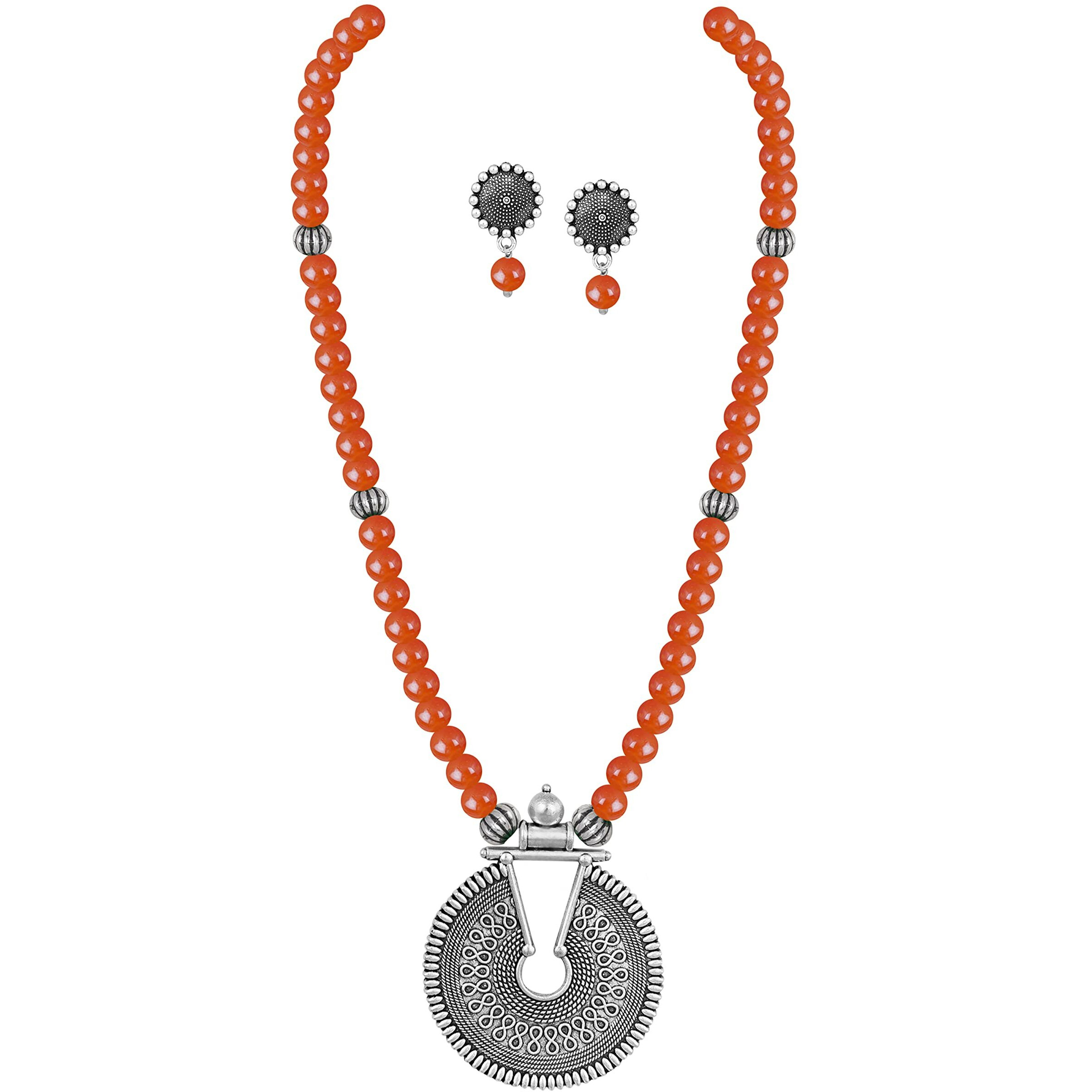 JFL - Jewellery for Less Fashionable Oxidized German Silver Key Hole Beaded Necklace with 1 pair of Earrings Set for Women and Girls(Orange),Valentine