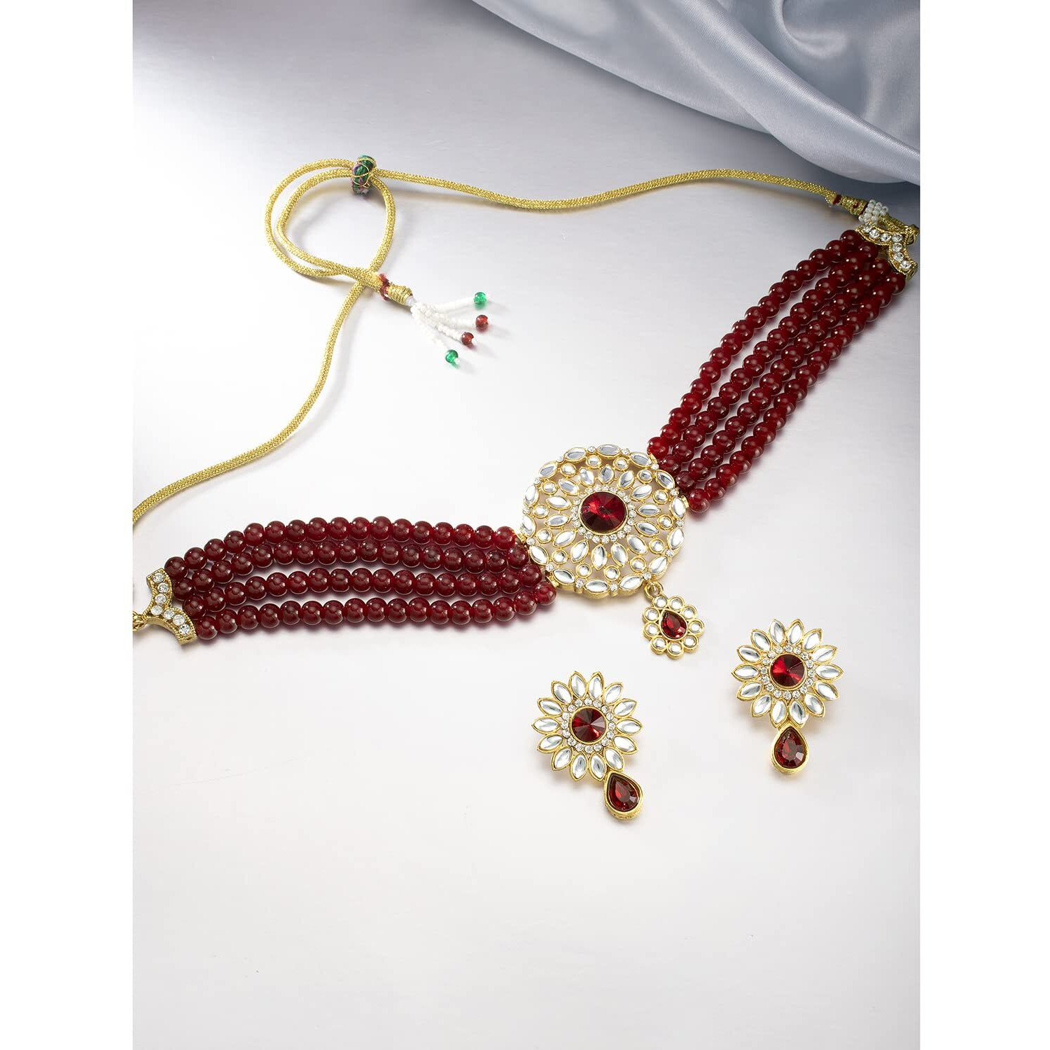 Peora Gold Plated Kundan Maroon Choker Necklace Beaded Traditional Jewellery Set for Women