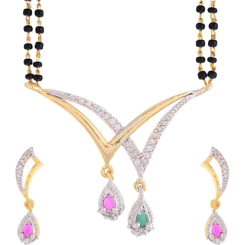 ZENEME Fashion American Diamond Gold Plated Designer Mangalsutra Combo 2 Jewellery for Women (Design-19)