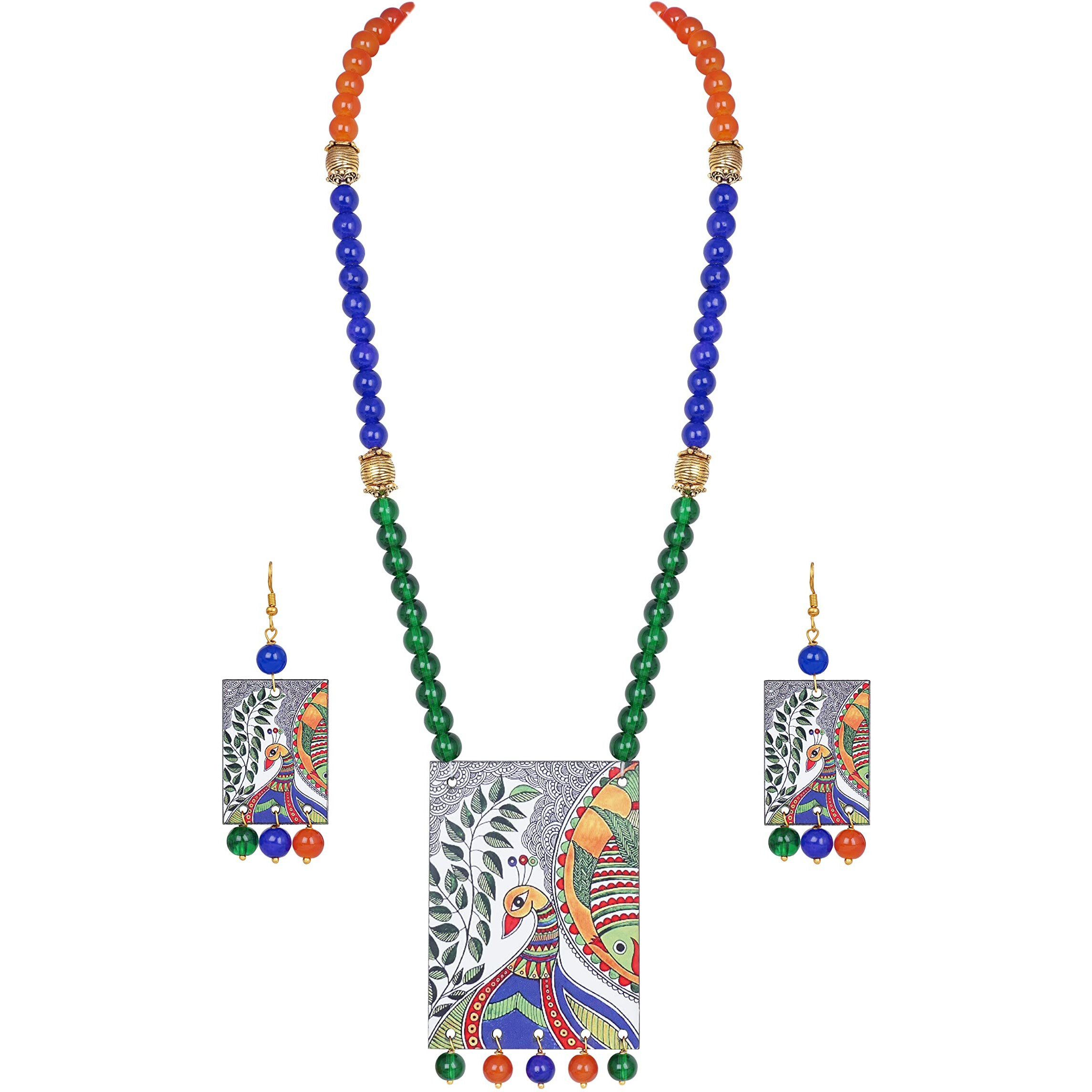 JFL - Jewellery for Less Etnic Peacock Design Pendant with Multi Color and Bead Adjustable Thread Handcraft Necklace and Dangler Earrings for Women and Girls.,Valentine