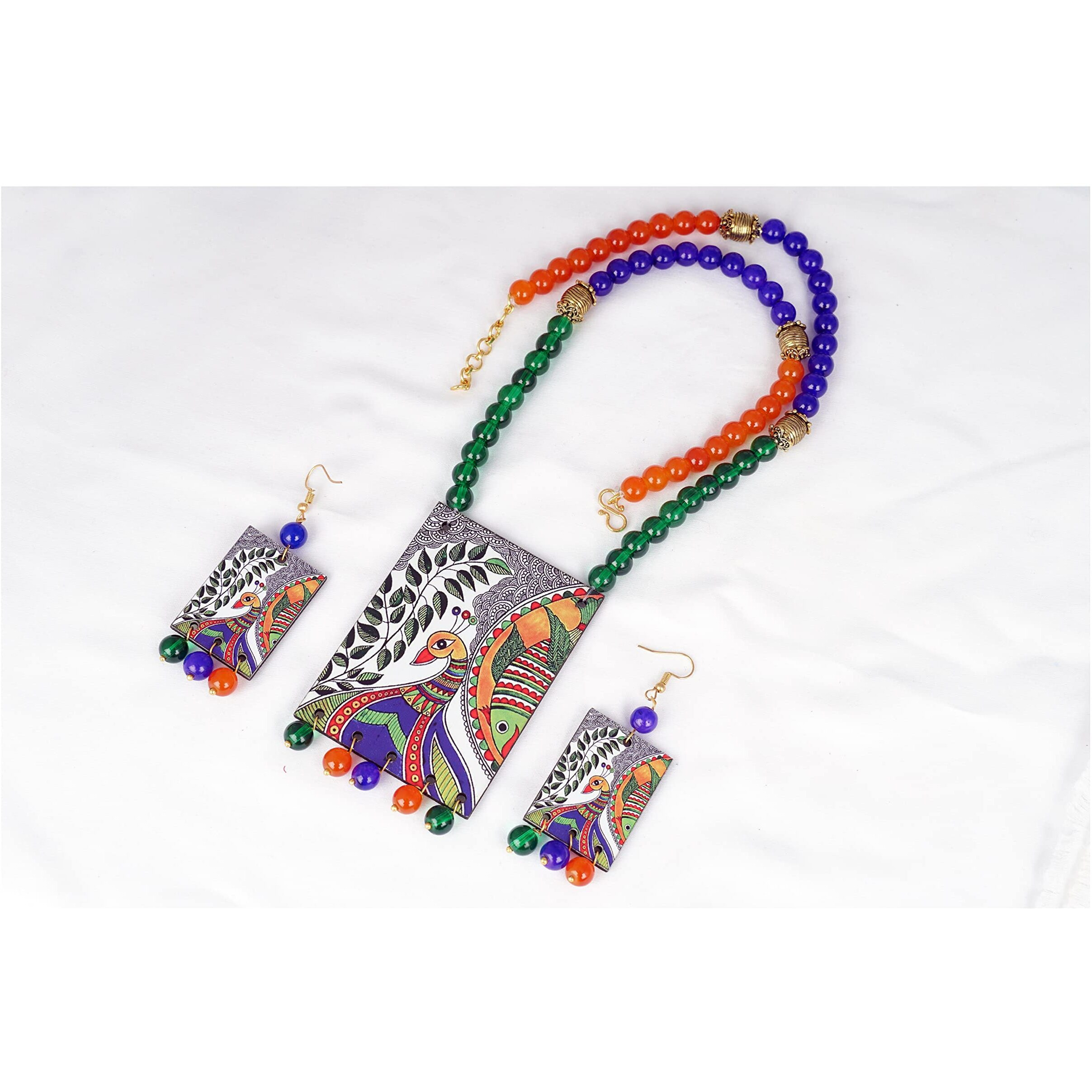 JFL - Jewellery for Less Etnic Peacock Design Pendant with Multi Color and Bead Adjustable Thread Handcraft Necklace and Dangler Earrings for Women and Girls.,Valentine