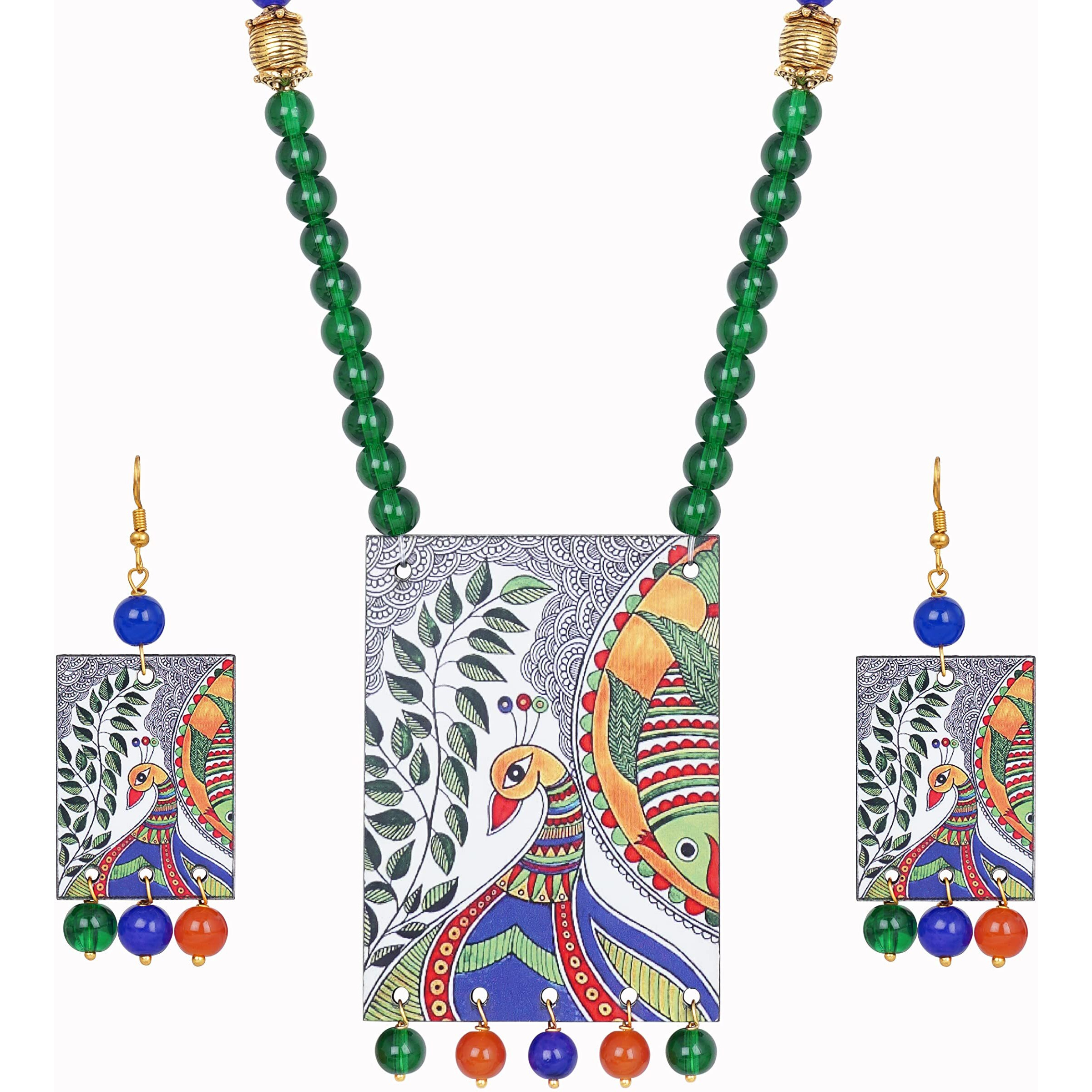 JFL - Jewellery for Less Etnic Peacock Design Pendant with Multi Color and Bead Adjustable Thread Handcraft Necklace and Dangler Earrings for Women and Girls.,Valentine