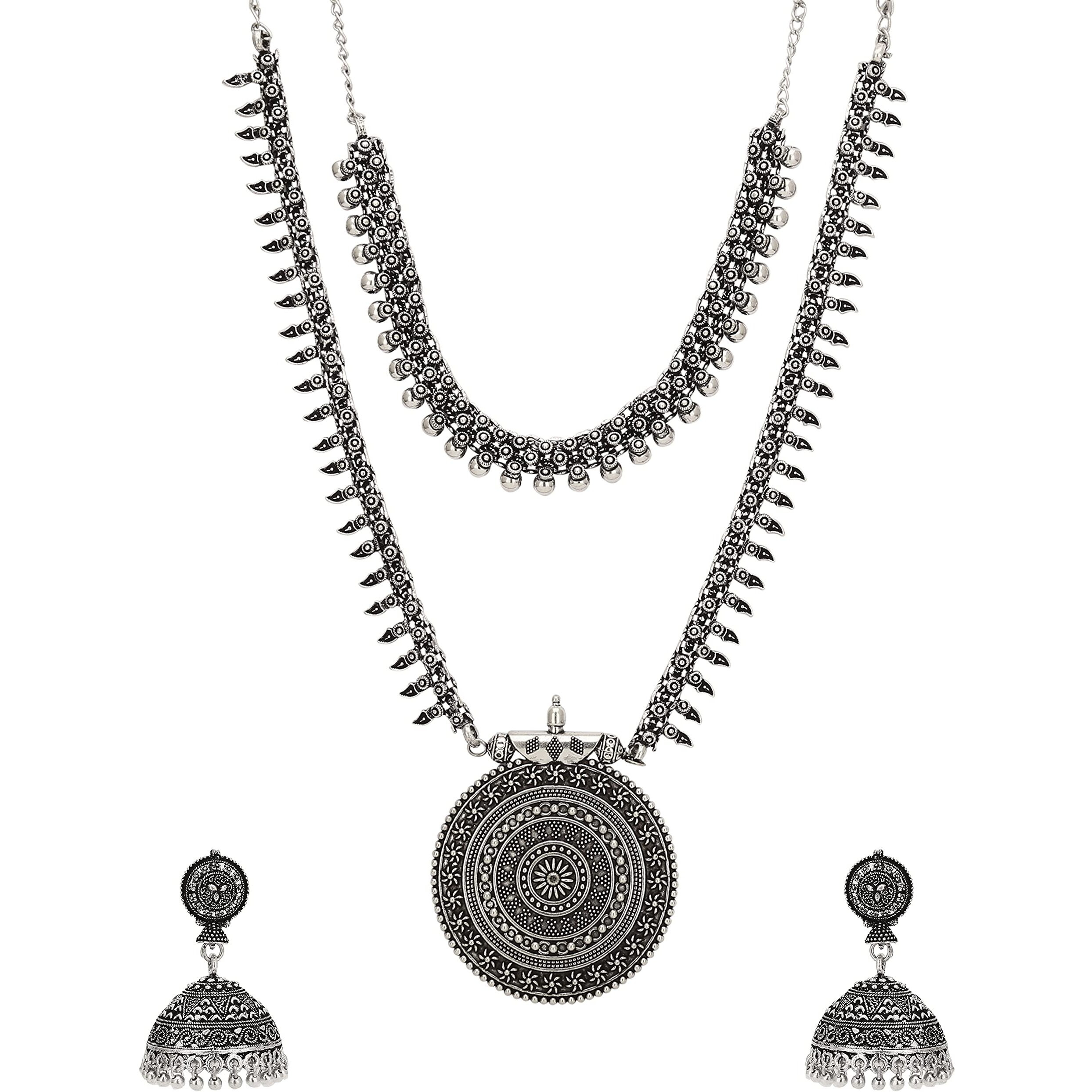 Sasitrends Oxidized German Long Short Necklace with Earrings for Women (Silver)