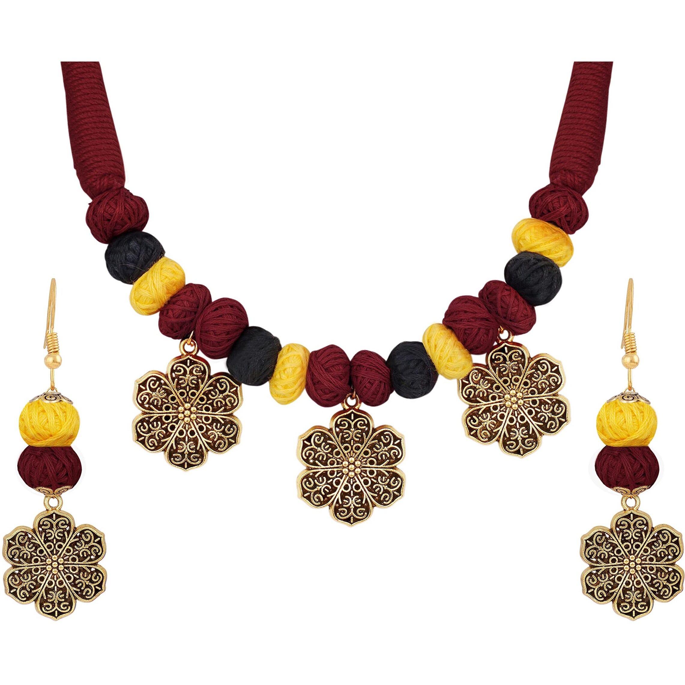 JFL - Jewellery for Less Fashion Handcrafted Gold German Silver Oxidized Cotton Beads with Maroon Cotton Adjustable Thread Necklace Set (Yellow & Black) Unisex Adult