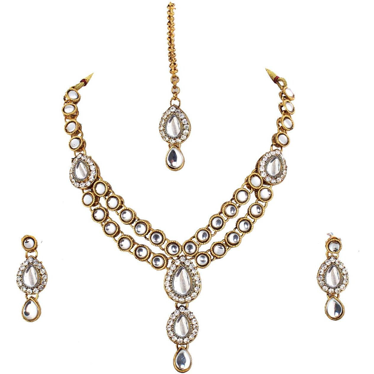 Lucky Jewellery Designer White Color Stone Kundan Double Locket Necklace Set With Earring And Tikka For Girls & Women