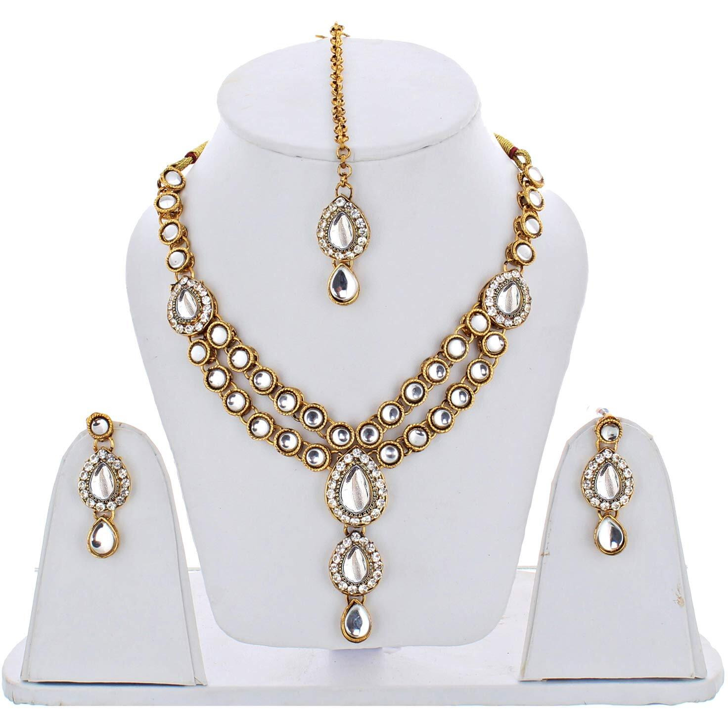 Lucky Jewellery Designer White Color Stone Kundan Double Locket Necklace Set With Earring And Tikka For Girls & Women