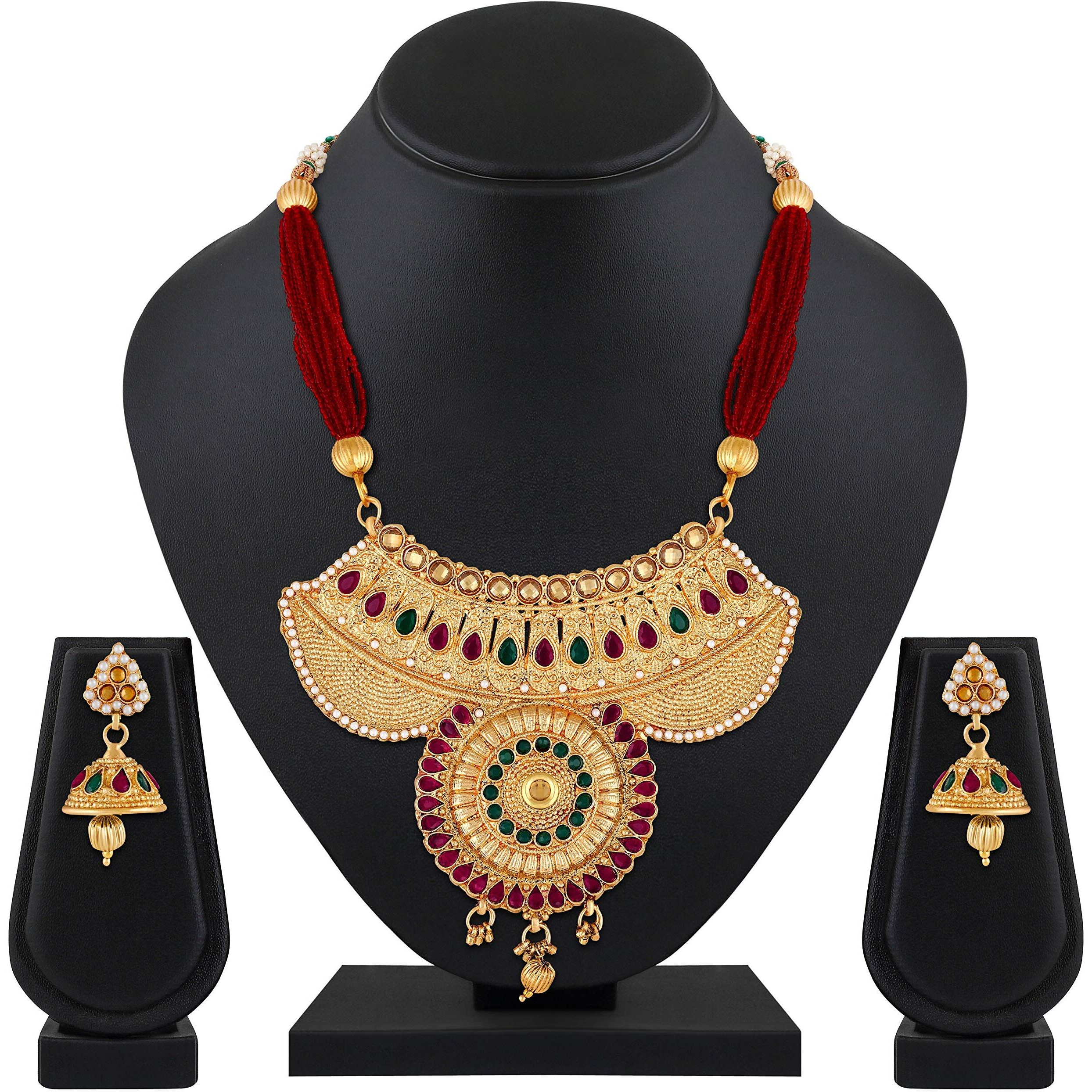 ASMITTA Traditional Bridal Designer Gold Plated Choker Pink & Green & LCT Stone Necklace Set for Women