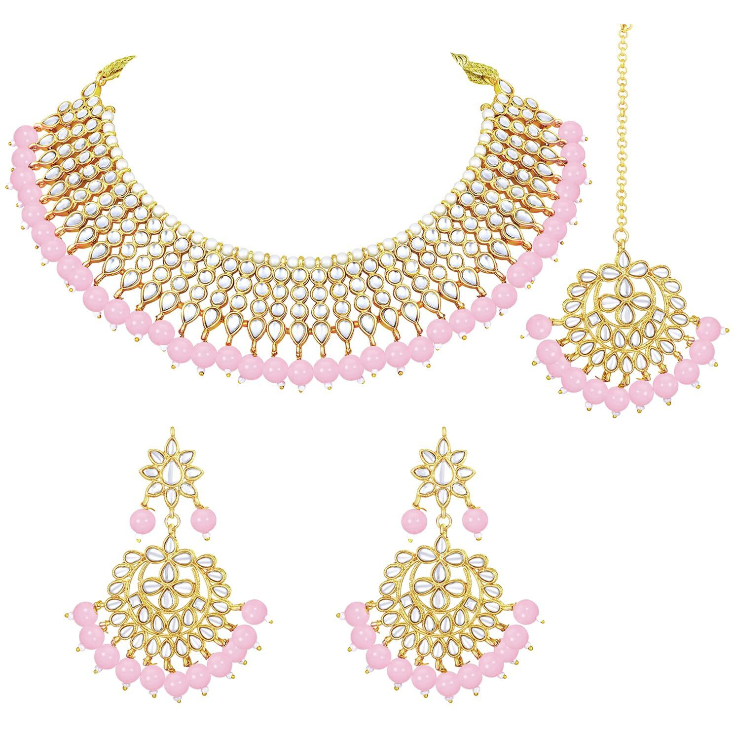 Peora 18K Gold Plated Traditional Kundan Pink Faux Pearl Choker Necklace with Earring Maang Tikka Jewellery Set for Women Girls