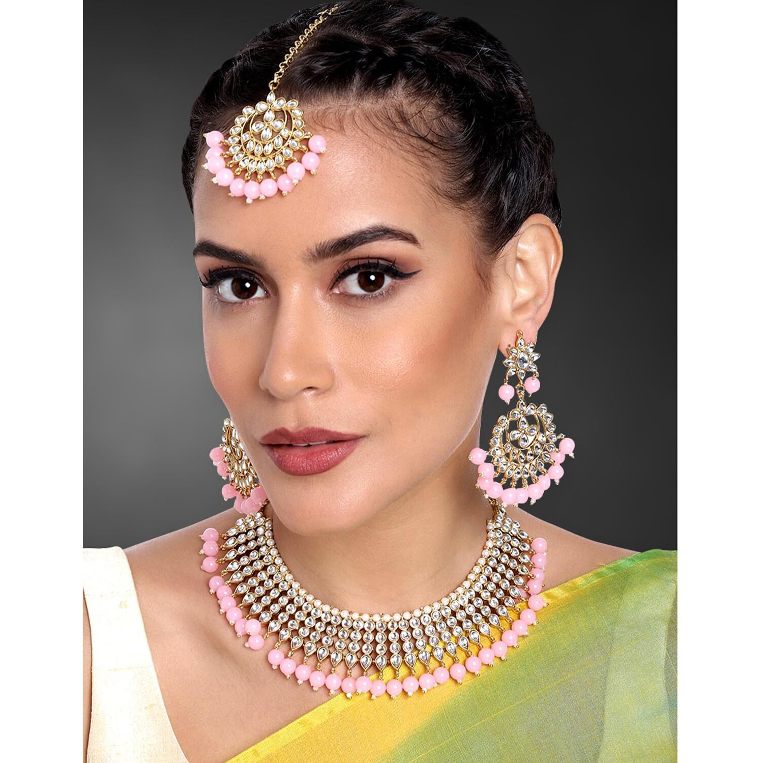 Peora 18K Gold Plated Traditional Kundan Pink Faux Pearl Choker Necklace with Earring Maang Tikka Jewellery Set for Women Girls