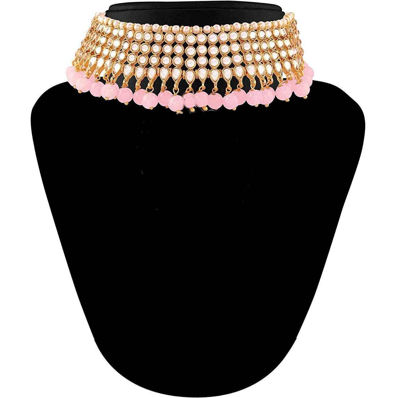 Peora 18K Gold Plated Traditional Kundan Pink Faux Pearl Choker Necklace with Earring Maang Tikka Jewellery Set for Women Girls