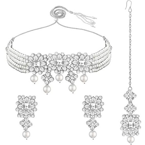 I Jewels 18K Rhodium Plated Pearl & Kundan Studded Choker Necklace Jewellery Set with Earrings & Maang Tikka for Women (ML224ZW)