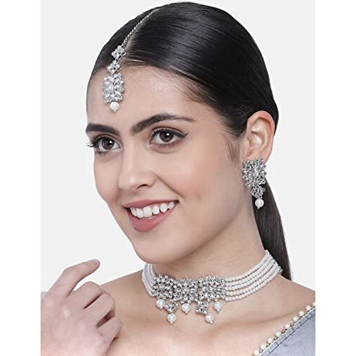 I Jewels 18K Rhodium Plated Pearl & Kundan Studded Choker Necklace Jewellery Set with Earrings & Maang Tikka for Women (ML224ZW)