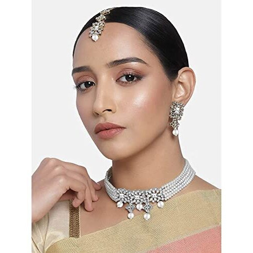 I Jewels 18K Rhodium Plated Pearl & Kundan Studded Choker Necklace Jewellery Set with Earrings & Maang Tikka for Women (ML224ZW)