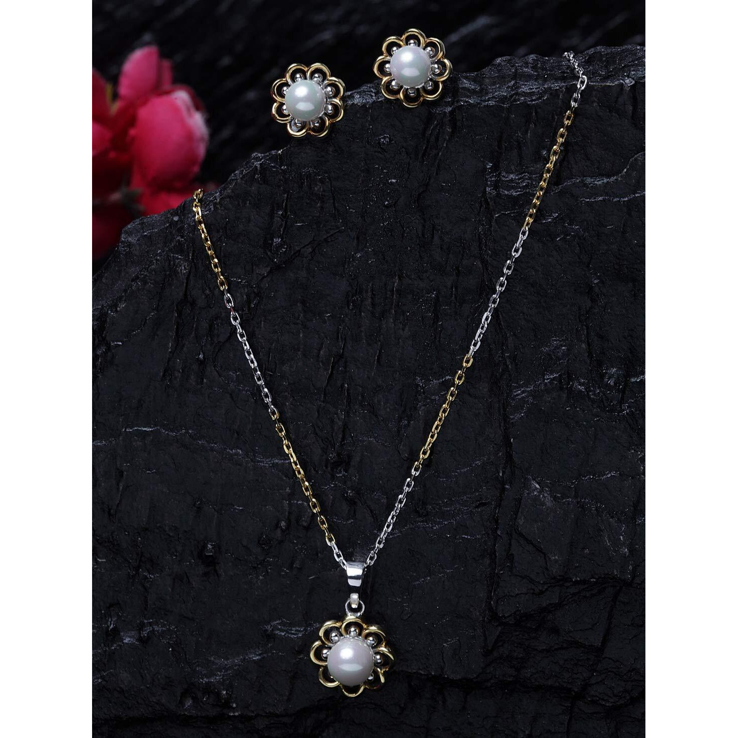 Clara 925 Sterling Silver Pearl Lotus Pendant Earring Chain Jewellery Set | Gold Rhodium Plated | Gift for Women & Girls