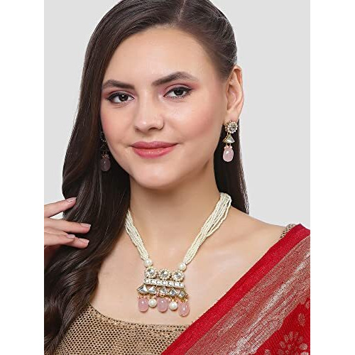 Karatcart Gold Plated Pink Tumble and Pearl Rani Haar Necklace Set for Women