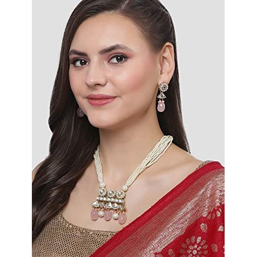 Karatcart Gold Plated Pink Tumble and Pearl Rani Haar Necklace Set for Women