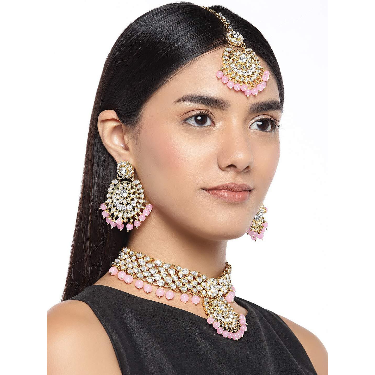 Peora Indian Traditional 18K Gold Plated Kundan Bead Choker Necklace with Earring Mangtikka Jewellery Set for Women Girls