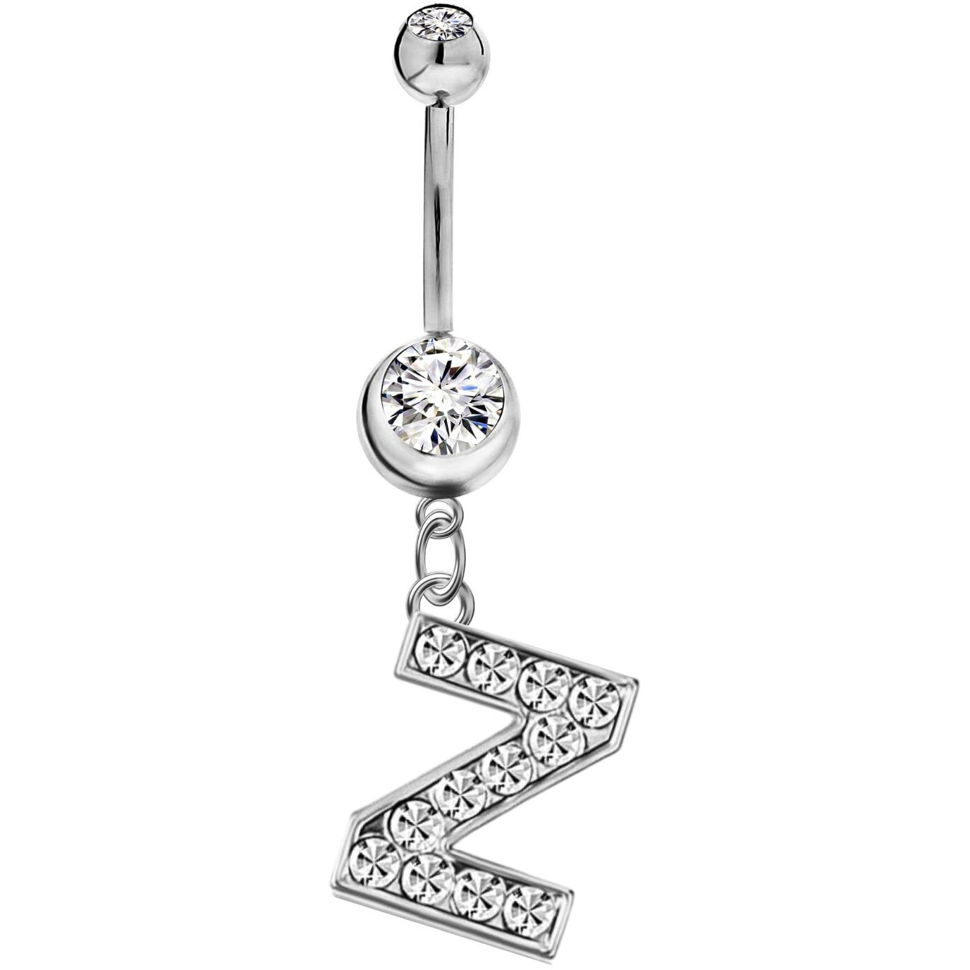 Initial Dangle Belly Button Rings | Embellished with CZ Crystals in Silver Letters A to Z | Ideal for Navel Piercings Belly Piercings - Initial Z - BB-026