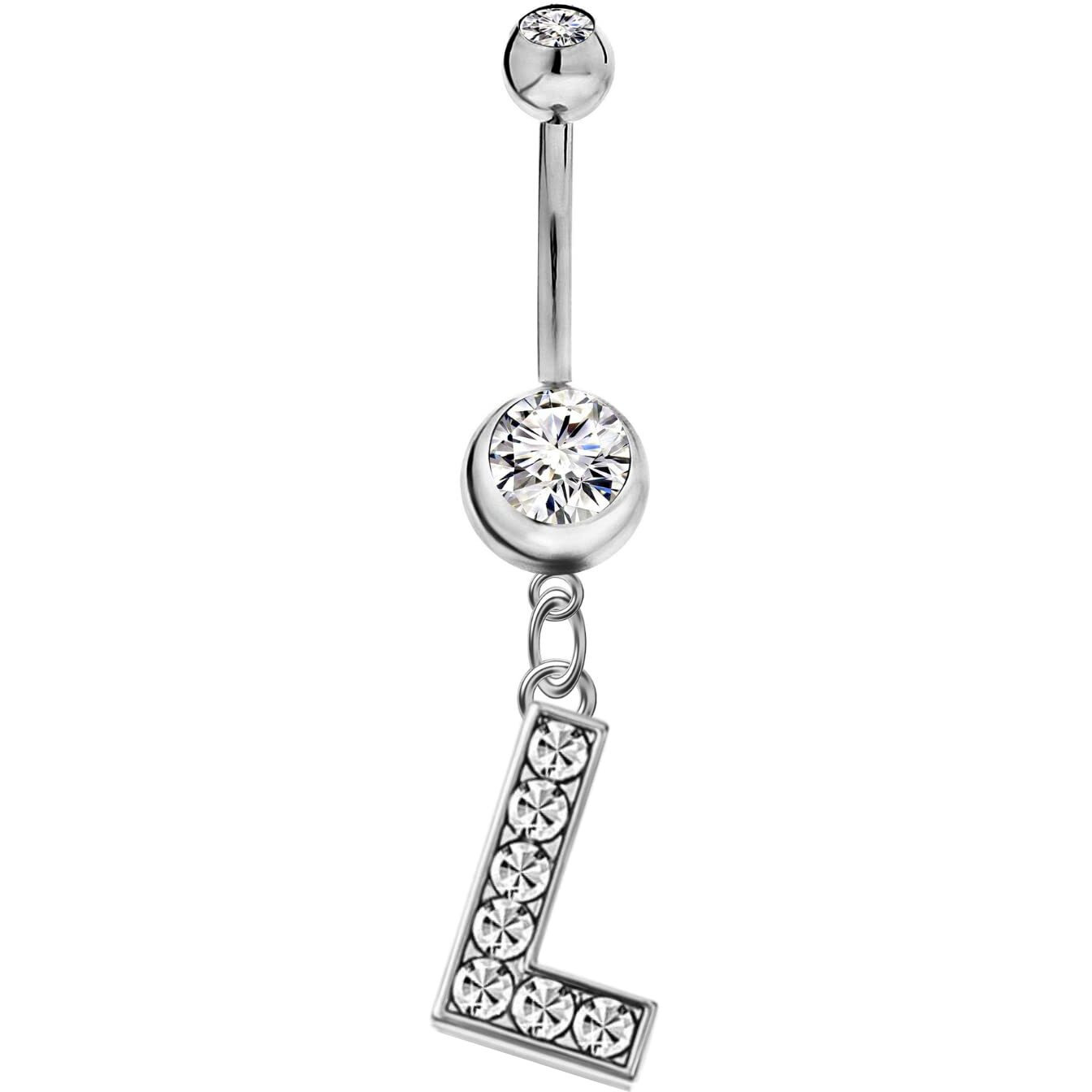 Initial Dangle Belly Button Rings | Embellished with CZ Crystals in Silver Letters A to Z | Ideal for Navel Piercings Belly Piercings - Initial L - BB-012