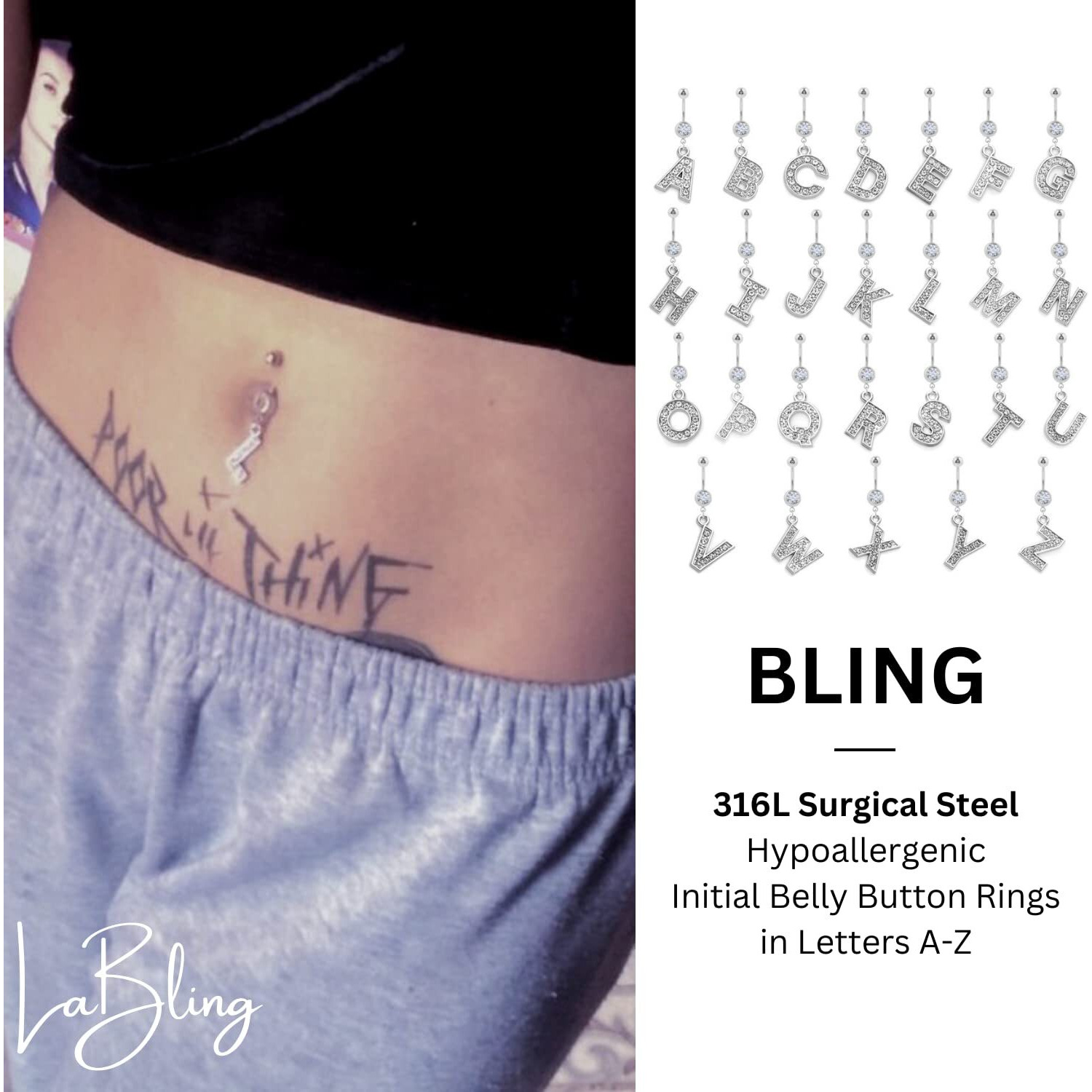 Initial Dangle Belly Button Rings | Embellished with CZ Crystals in Silver Letters A to Z | Ideal for Navel Piercings Belly Piercings - Initial L - BB-012