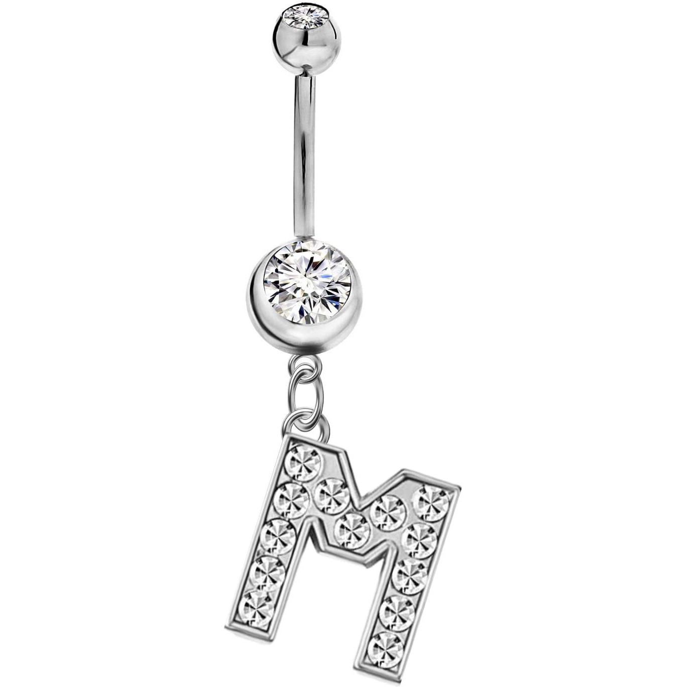 Initial Dangle Belly Button Rings | Embellished with CZ Crystals in Silver Letters A to Z | Ideal for Navel Piercings Belly Piercings - Initial M - BB-013