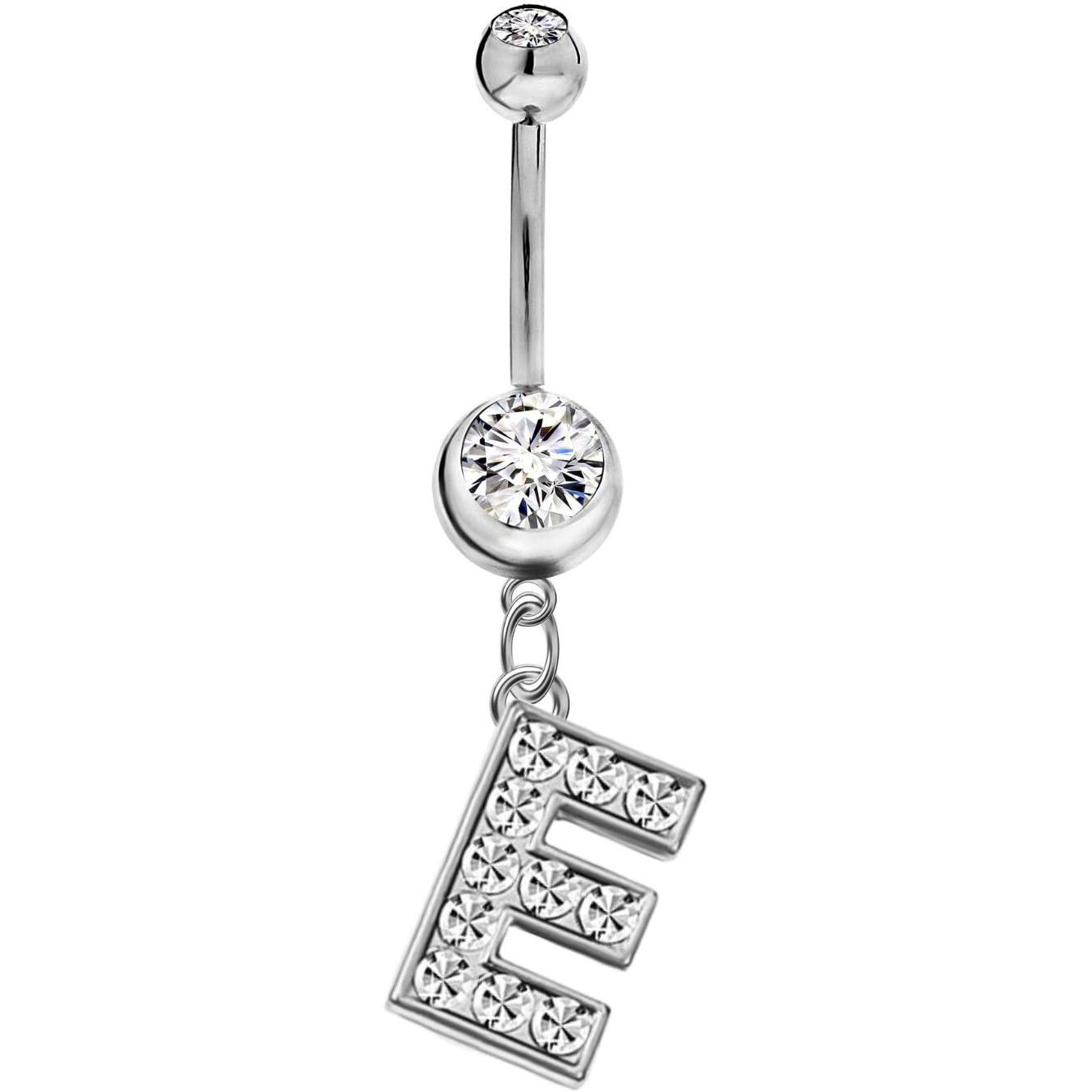 Initial Dangle Belly Button Rings | Embellished with CZ Crystals in Silver Letters A to Z | Ideal for Navel Piercings Belly Piercings - Initial E - BB-005