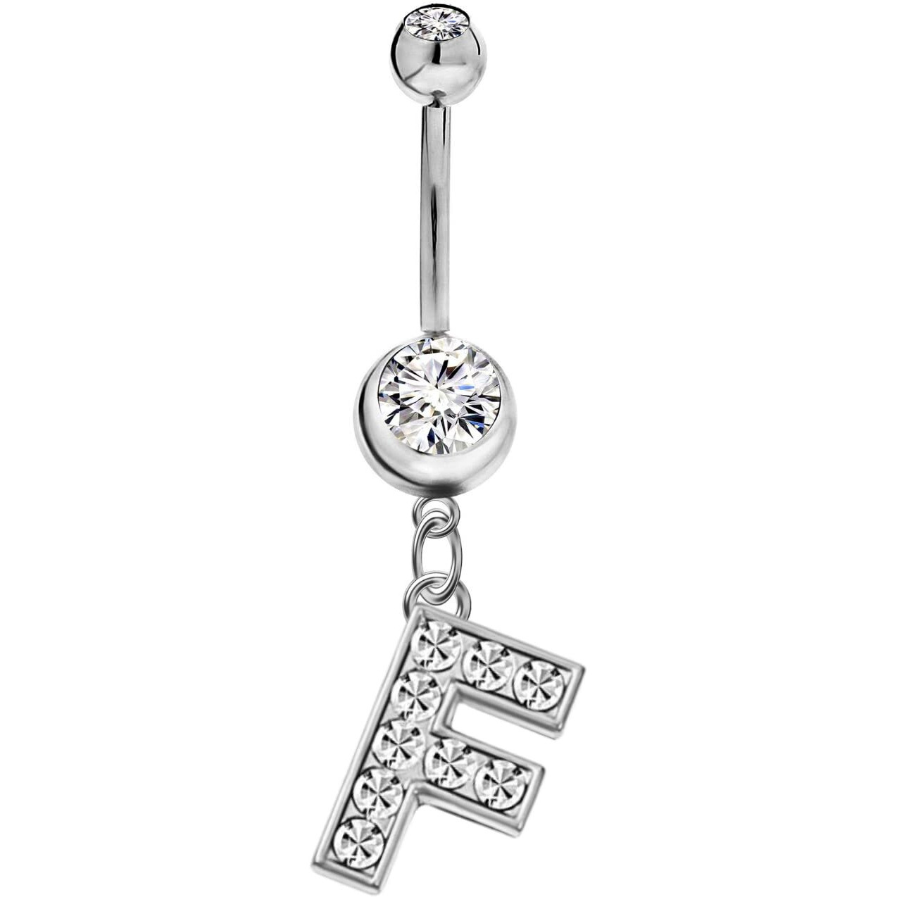 Initial Dangle Belly Button Rings | Embellished with CZ Crystals in Silver Letters A to Z | Ideal for Navel Piercings Belly Piercings - Initial F - BB-006