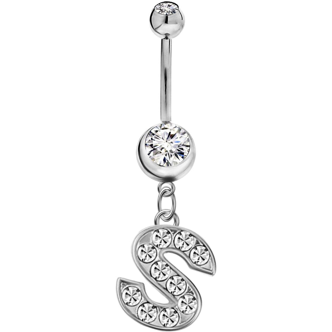 Initial Dangle Belly Button Rings | Embellished with CZ Crystals in Silver Letters A to Z | Ideal for Navel Piercings Belly Piercings - Initial S - BB-019