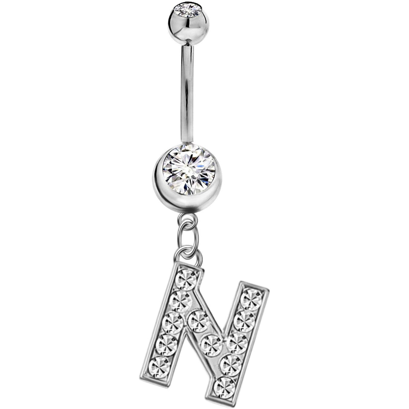 Initial Dangle Belly Button Rings | Embellished with CZ Crystals in Silver Letters A to Z | Ideal for Navel Piercings Belly Piercings - Initial N - BB-014