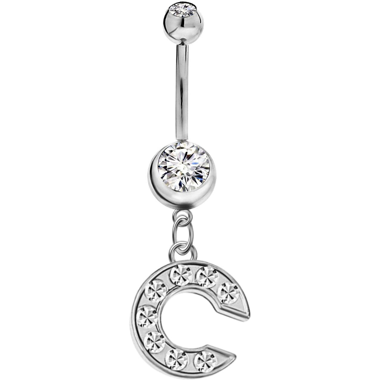 Initial Dangle Belly Button Rings | Embellished with CZ Crystals in Silver Letters A to Z | Ideal for Navel Piercings Belly Piercings - Initial C - BB-003