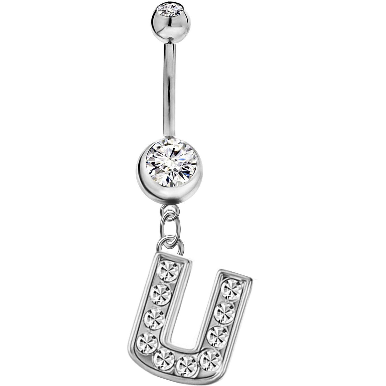 Initial Dangle Belly Button Rings | Embellished with CZ Crystals in Silver Letters A to Z | Ideal for Navel Piercings Belly Piercings - Initial U - BB-021