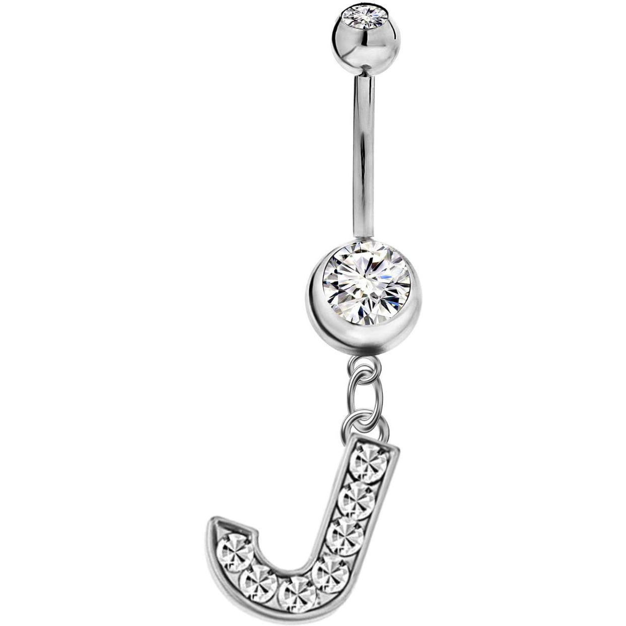 Initial Dangle Belly Button Rings | Embellished with CZ Crystals in Silver Letters A to Z | Ideal for Navel Piercings Belly Piercings - Initial J - BB-010