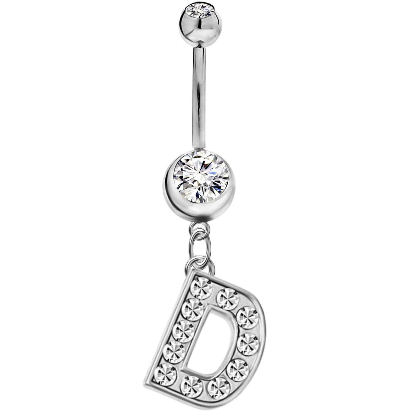 Initial Dangle Belly Button Rings | Embellished with CZ Crystals in Silver Letters A to Z | Ideal for Navel Piercings Belly Piercings - Initial D - BB-004