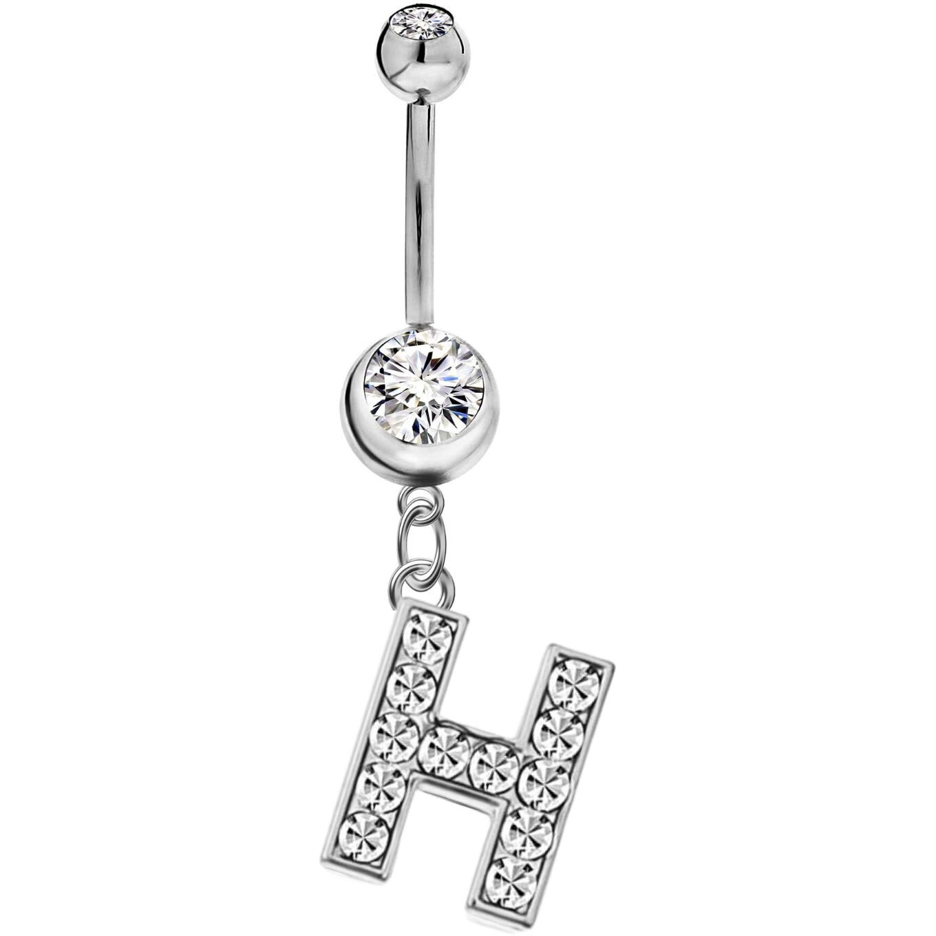 Initial Dangle Belly Button Rings | Embellished with CZ Crystals in Silver Letters A to Z | Ideal for Navel Piercings Belly Piercings - Initial H - BB-008