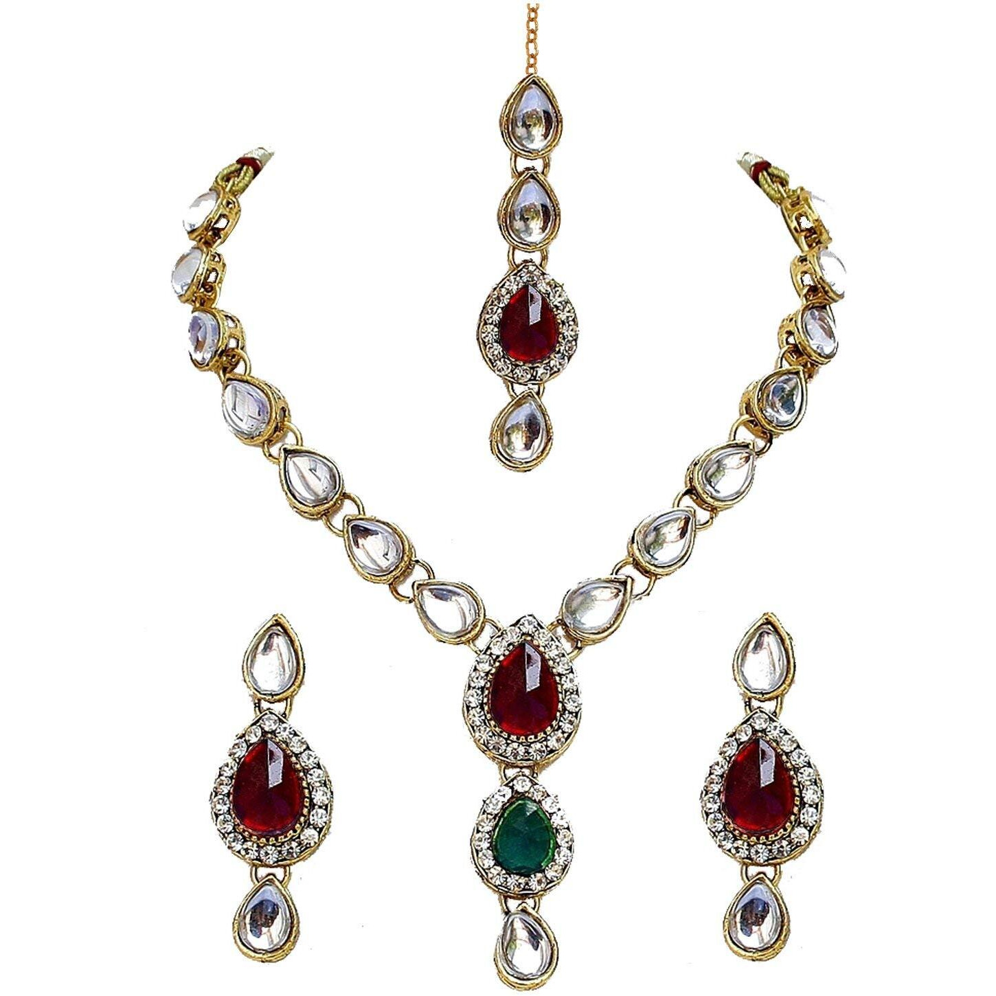 Lucky Jewellery 1-Line Red Green Colour Kundan Set (MSK-1-LINE-RED-G)