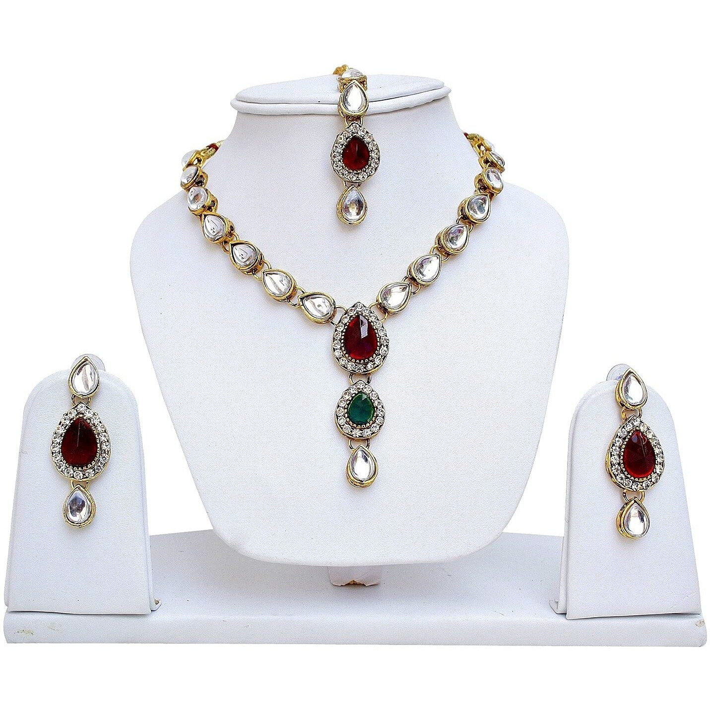 Lucky Jewellery 1-Line Red Green Colour Kundan Set (MSK-1-LINE-RED-G)