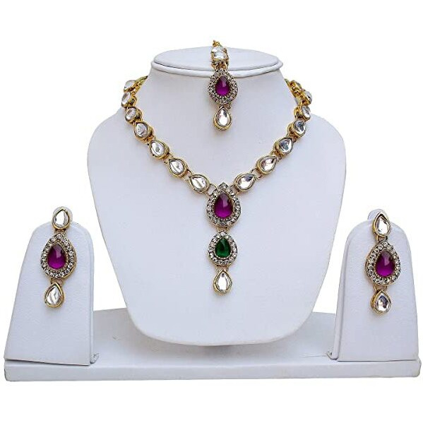 Lucky Jewellery 1-Line Purple Green Colour Kundan Set (MSK-1-LINE-PG)