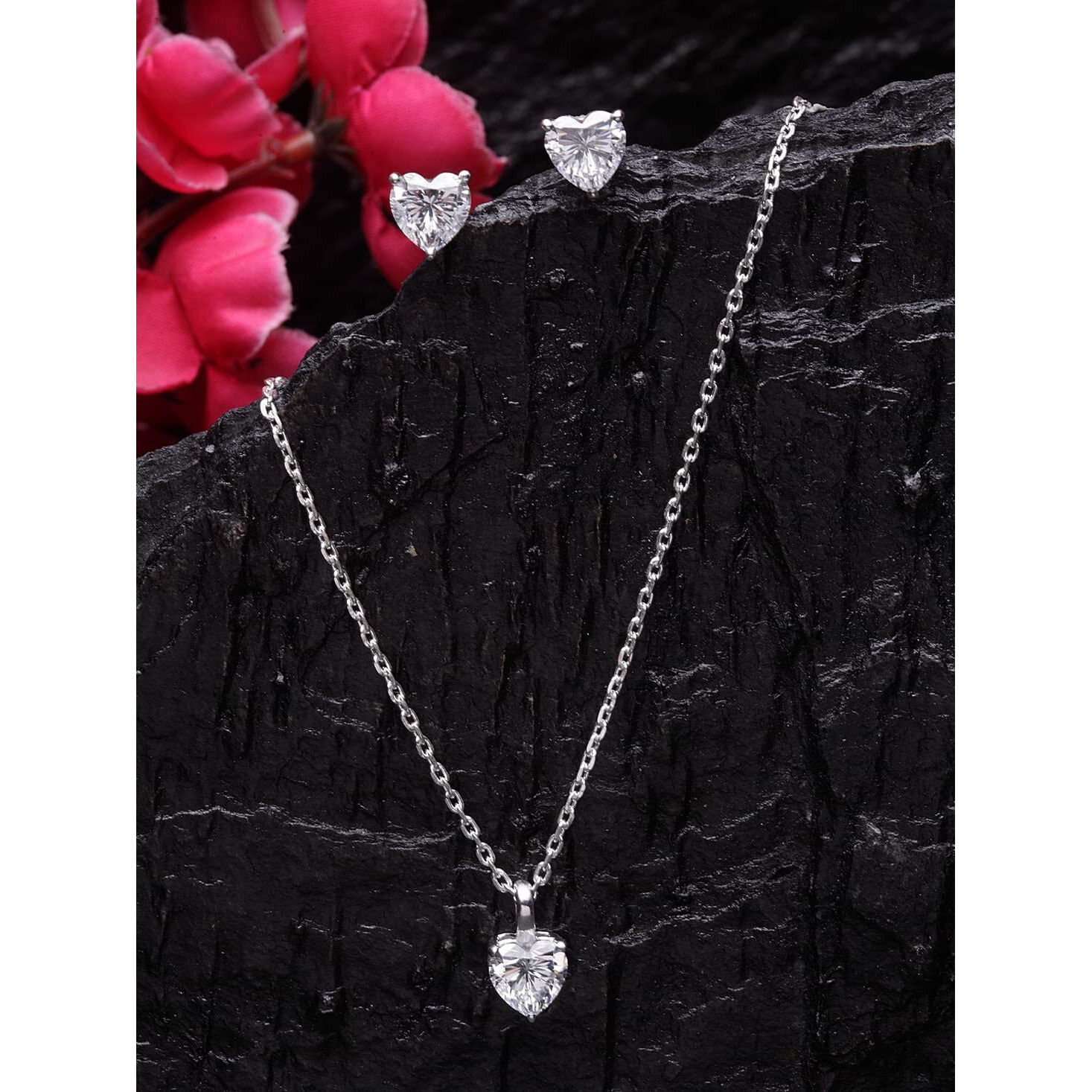 Clara 925 Sterling Silver Heart Solitaire Pendant Earring Chain Jewellery Set | Rhodium Plated, Swiss Zirconia | Gift for Women & Girls