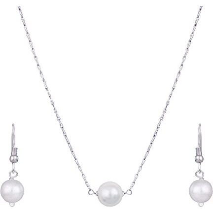 JFL - Jewellery for Less Classic Stylish Trendy Silver Plated Designer Japanese Pearl Pendant Set with Drop Earrings and Chain for Women & Girls.,Valentine