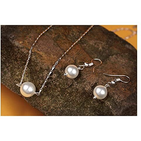 JFL - Jewellery for Less Classic Stylish Trendy Silver Plated Designer Japanese Pearl Pendant Set with Drop Earrings and Chain for Women & Girls.,Valentine