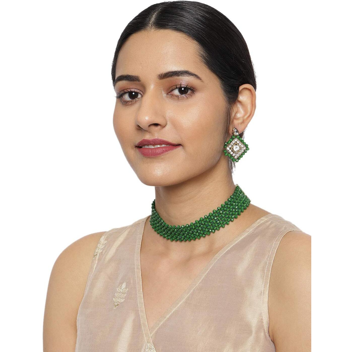 ZAVERI PEARLS Green Beaded Classic Necklace Set For Women-ZPFK9100